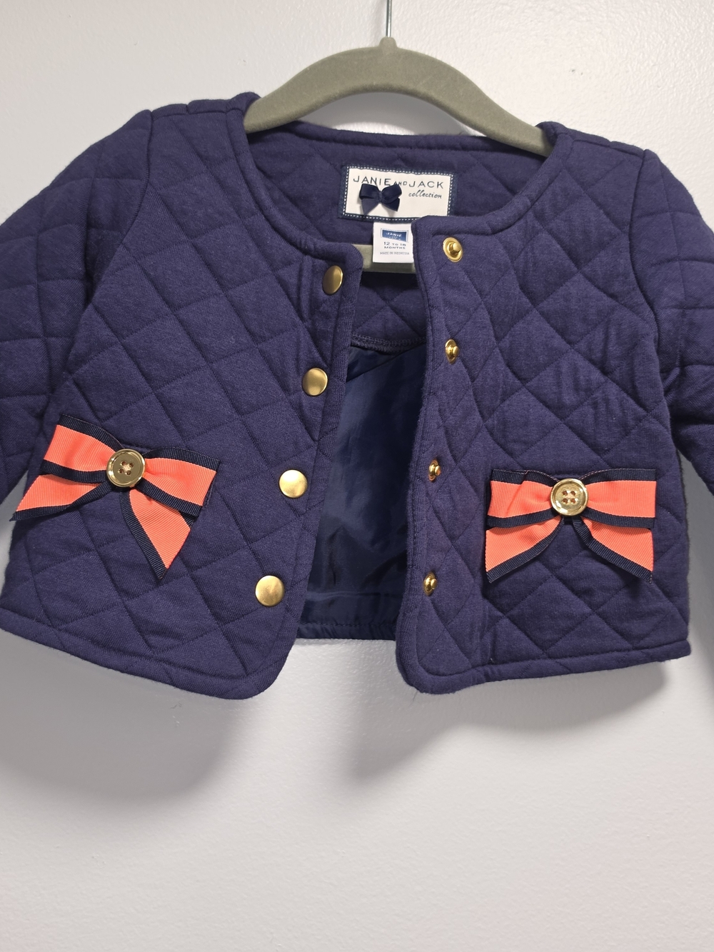 Janie and Jack Quilted Navy Jacket with Coral Bow Trim